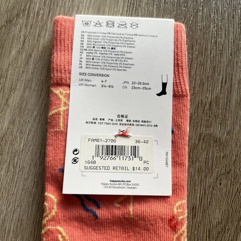 Happy Socks Crew Womens 5.5-9.5 Flamingo Mens 4.5-7.5 Funky Socks NWT
